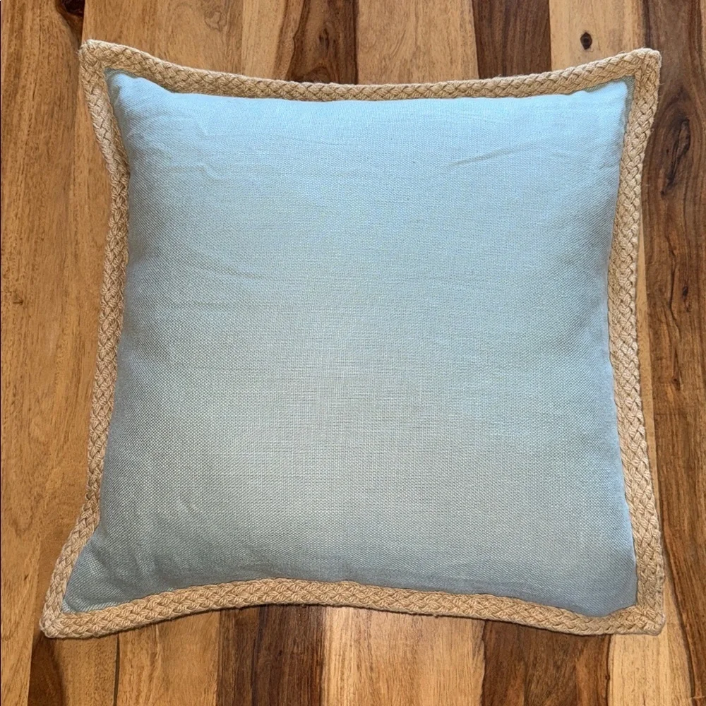 Pottery Barn Blue Linen With Jute Trim Accent Pillow With Feather Insert